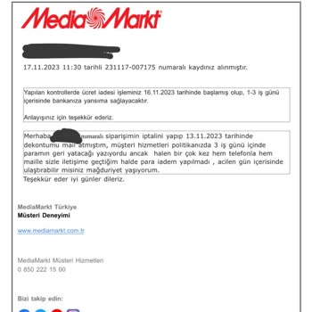 Media Markt İade Edilen Sipariş Ücretinin Yatmaması