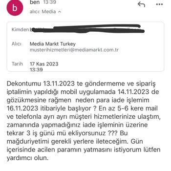 Media Markt İade Edilen Sipariş Ücretinin Yatmaması