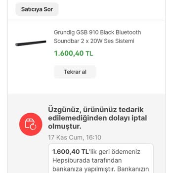 Grundig 1 Hafta Önceki Siparişim Habersiz İptal Edildi