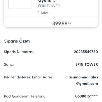 Epin Tower Satıcısı Sattığı Ürünün Kodunu Göndermiyor