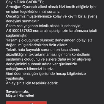 Armağan Oyuncak Vermiş Olduğum Siparişi Tarafınızdan İptal Edilmesi Hk