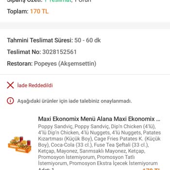 Popeyes Yanlış Eksik Sipariş Yanıltıcı Sipariş Menüsü