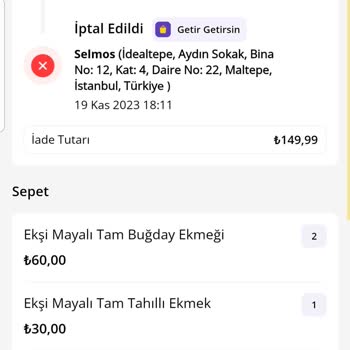 Getir İn Sipariş Getirememesi