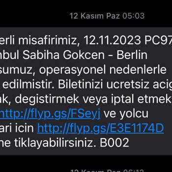 Pegasus 12 Kasım 2023 İstanbul Berlin Uçuş İptali Operasyonel Nedenler