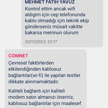 Comnet İnternet Teknik Servis Göndermiyor