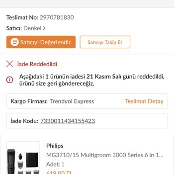 Trendyol Çevrimiçi Alışveriş Platformunda İade Kabul Edilmeyen Ürün Şikayeti