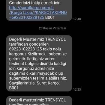 Sürat Kargo Tarafından Teslimat Bölgesi Dışında İlan Edildim