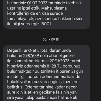 TurkNet Abonelik İptal Edildikten 9 Ay Sonra Borç Gönderdi.