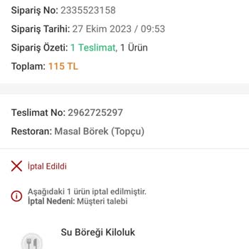 Trendyol Yemek Uygulamasında İptal Edilen Böreğin Parası İade Edilmedi