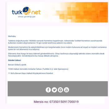 TurkNet Kapatılan Aboneliğe Gelen Fatura