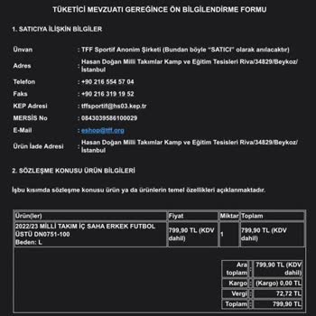 Türkiye Futbol Federasyonu Milli Takım Forma İadesi