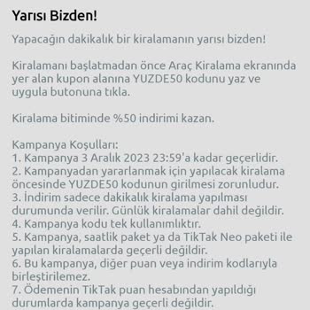 TikTak Kirala Kampanya Kupon Kodunu Kullandığım Halde Uygulanmadı