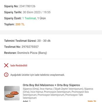 Trendyol Domino's Pizza Siparişi Teslim Etmedi Paramı İadede Etmedi