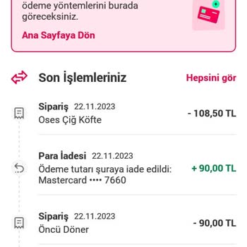 Yemeksepeti Para İadesi Sorunu