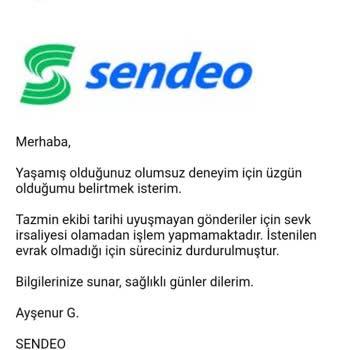 Sendeo Kayıp Kargo Bedeli Ödenmemesi