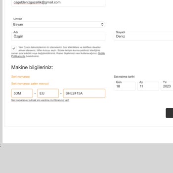 Dyson Makinenin Seri Numarası Sorunu