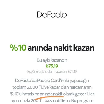 Papara'da DeFacto Cashback Anında Gelmemesi