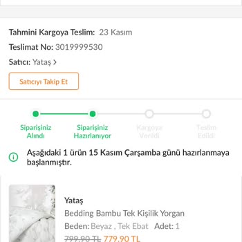 Trendyol Yataş Bambu Yorgan Teslimatı