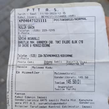 PTT Kargo Gönderilen Kargoyu Edirne Merkez PTT