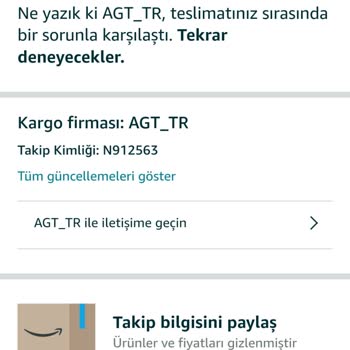 AGT Kurye (aynigunteslim.com) Amazon Üzerinden Verilen Siparişim