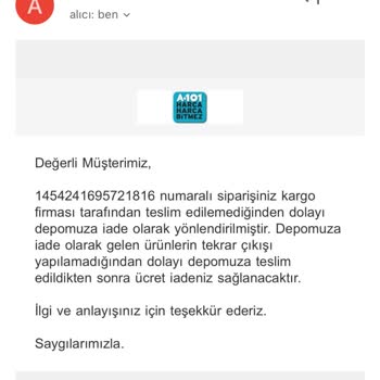 A101 Yanlış Kargoya Verdiği Ürünü Göndermiyor