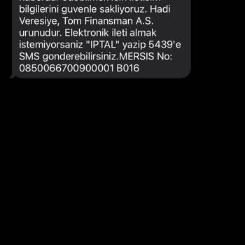 Hadi TOM Pay Hadi Veresiye Gelen Mesaj