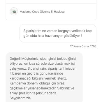 Madame Coco Siparişimi Kargoya Vermiyor