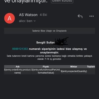 Watsons İadesi Onaylanan Hasarlı Kusurlu Teslimatın Eksik Ödemesi