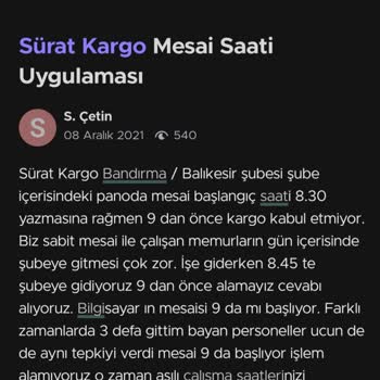 Sürat Kargo Mesai Saati Uygulaması