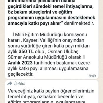 Milli Eğitim Bakanlığı (MEB) Milli Eğitim Anaokul Giden Her Ay Ücret Talep Ediyor