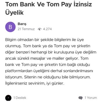 TOMbank'a Bilgim Olmadan Üyelik Oluşturuldu