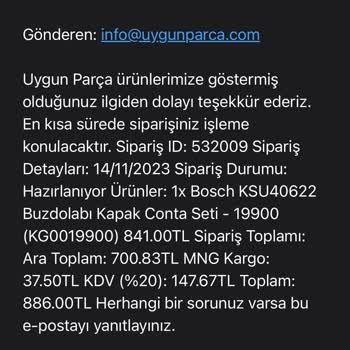 Uygunparca.com Almış Olduğum Ürünün Uyumlu Olmaması Sebebiyle