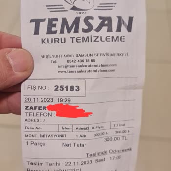 Temsan Kuru Temizleme (Samsun) Hizmet Kalitesi Çok Kötü.