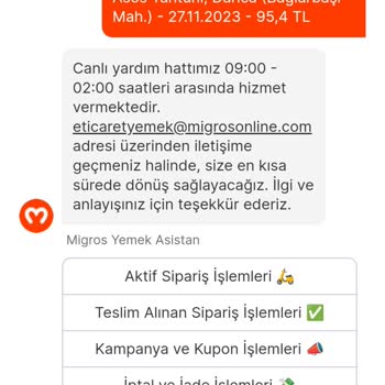 Migros Yemek Müşteri Hizmetleri Hayal Kırıklığı