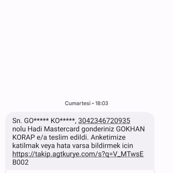 AGT Kurye (aynigunteslim.com) Kartım Bana Teslim Edilmedi