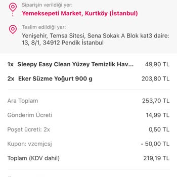 Yemeksepeti Market SKT Yakın Ürün Göndermesi