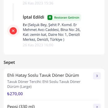 Ehli Döner Getir Uygulaması Para İadesi Yapmıyor