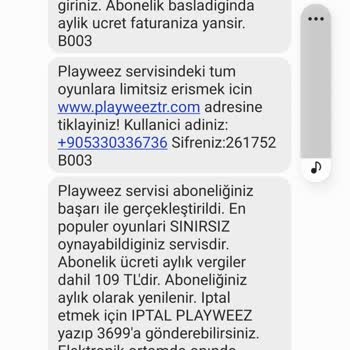 Vodafone Türk Telekom Playweez 109 TL Bilgi Dişi Para Kesintisi