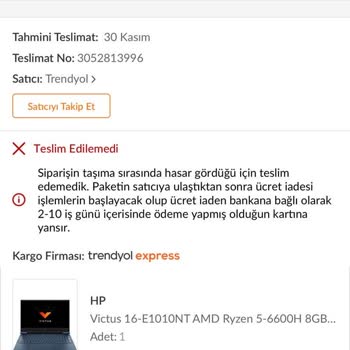 Trendyol Express Ürün Teslim Edilemedi