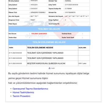 Beklediğimiz Paketimizin Aras Kargo Teslimatını Gerçekleştirmiyor.