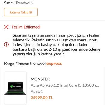 Trendyol Express Kargoda Hasar Gören Cihazı Tekrar Yüksek Fiyattan Almam İsteniyor.