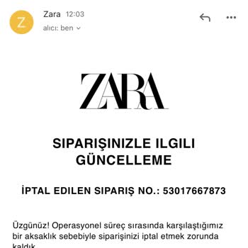 Zara İptal Edilen Sipariş
