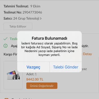 Trendyol Faturasız, Garanti Belgesiz Ürün Gönderimi
