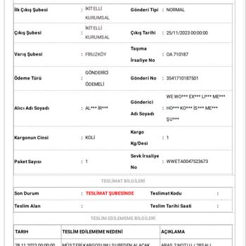 Aras Kargo Kargomu Getirmedi Ve İade Ediyor