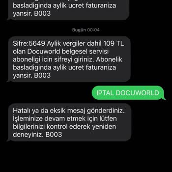 Vodafone 1240'tan Gelen Zamansız Sebepsiz SMS, Docuworld Aboneliği.