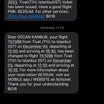 THY Uçuş Günü Değişikliği