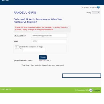 VFS Global Biyometrik Randevu Sayfası Login Hatası
