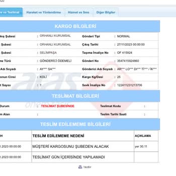 Aras Kargo Selimpaşa Kargo Teslim Yapmıyorlar Ve Geri Gönderiyorlar!