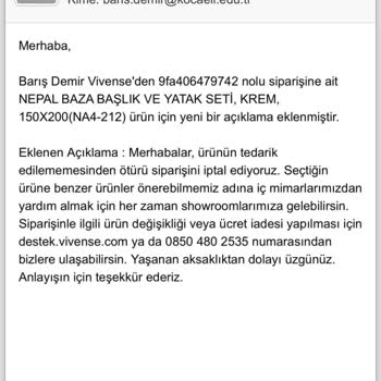 Vivense Ürün Tedarik Edilememesi