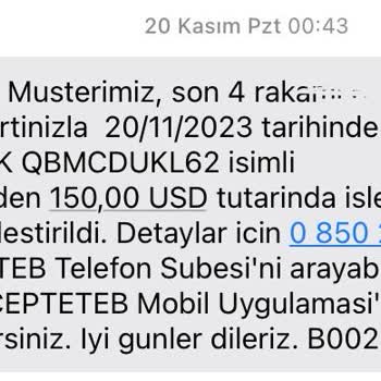 TEB Sanal Kartımdan 150 Dolar Para Çekildi